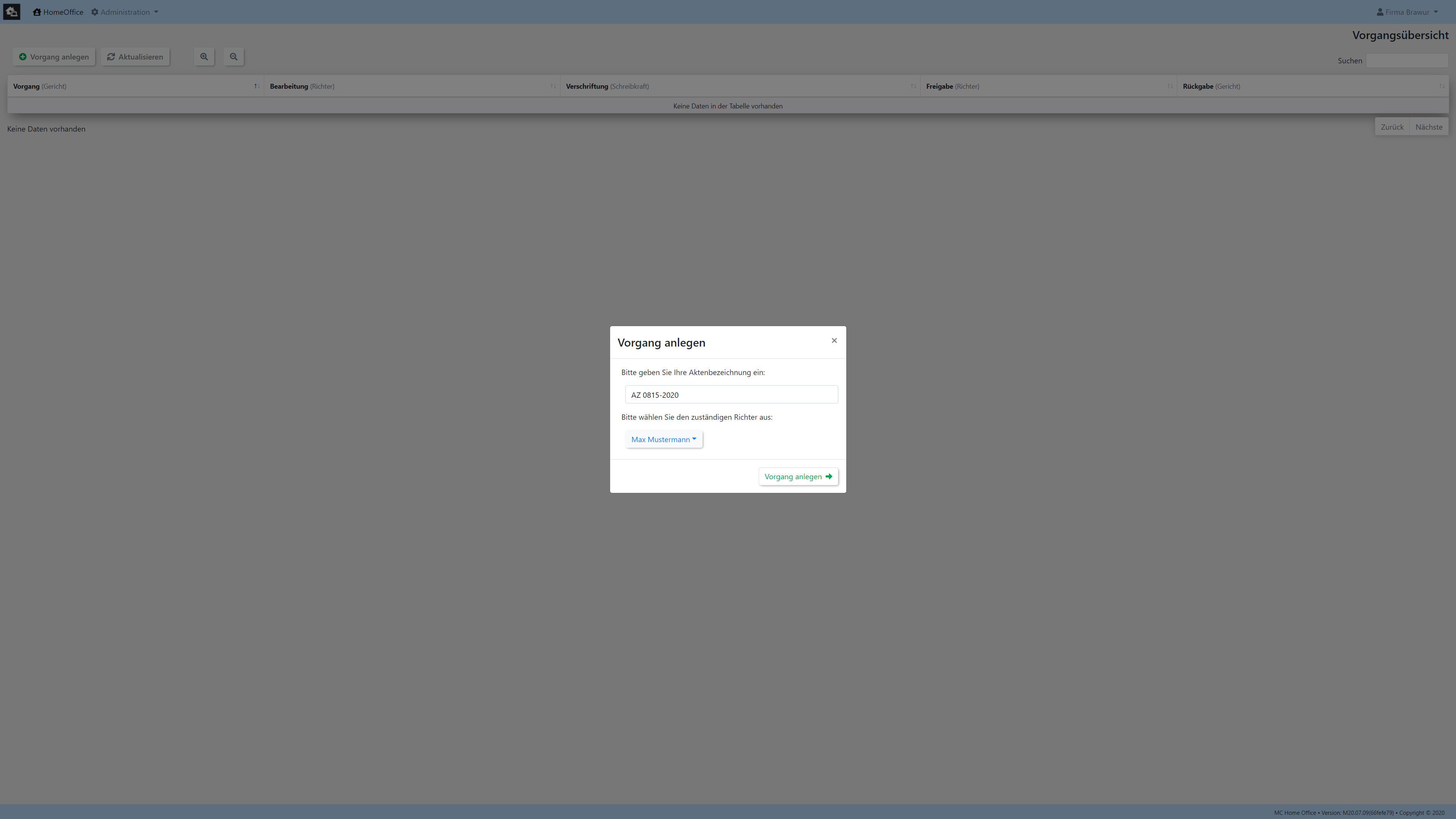 Screenshot: Vorgang anlegen1
